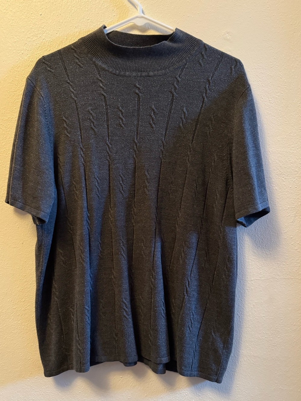 Requirements Mock Neck, Gray Short Sleeve Knit Top, Cable Textured Size 2X